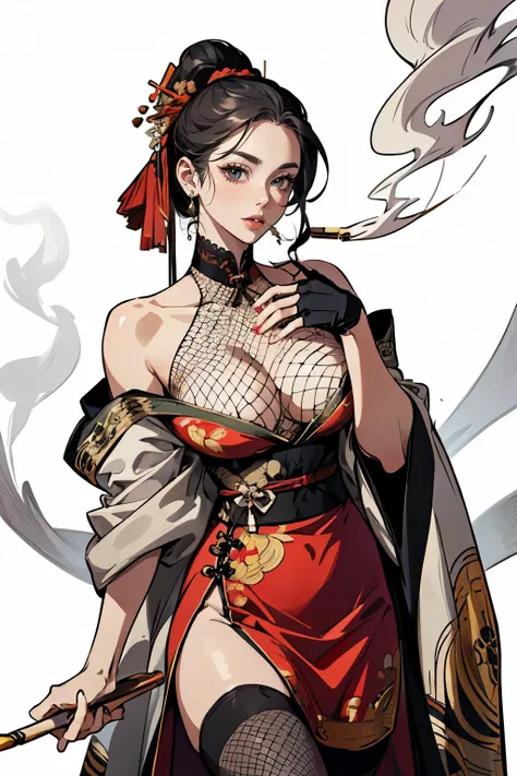 (((game illustration))), (((top quality))) ,(solo), (1girl), (((white background))), ((( visible chest bone ))), (((Big breasts))), side slit skirt, Three Kingdoms of China costume, revealing costume, hair ornaments, white skin, ((black eyes)),(((fishnet s...