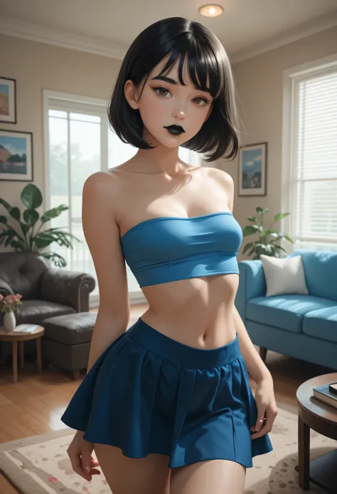 (perfect face), (perfect body), black hair, (medium bob hair), black thin eyebrows, brown eyes, black lips, collarbone, cleavage, (small breasts), (blue tube top), navel, (blue skirt), looking at viewer, (livingroom, beautiful livingroom)