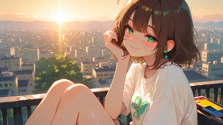 masterpiece, best quality, newest, absurdres, highres,
1girl, solo, half body, short dark brown hair, ahoge, beautiful shiny green eyes, detailed eyelashes, captivating gaze, natural light reflection in eyes,
soft blush, gentle smile, cheerful and rela...