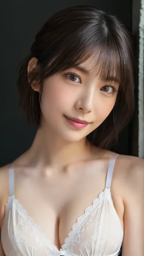 very detailed, masterpiece , Highest Quality, (( realistic)) 、((slim 30 year old Japanese woman)) 、beautiful detailed eyes 、(( Natural makeup))、((beautiful symmetrical face)), ( skinny body:1.6)、((bright brown hair、Big Wave Short Hair)), A sophisticate...