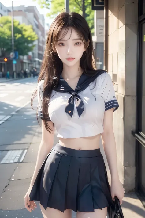 ( Super High Definition), (I'm looking over here), (school uniform:1.2, sailor suit, flared skirt), (Big Breasts:1.2), (Slimness:1.8), ( Read more:1.4), (thin thighs:1.4), ( thin hips:1.6), ( beautiful skin, shiny skin, white skin), (Super slim face, Sup...