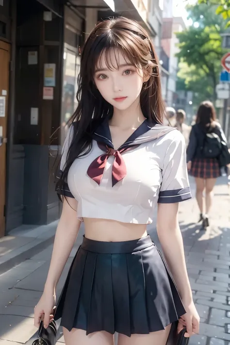 ( Super High Definition), (I'm looking over here), (school uniform:1.2, sailor suit, flared skirt), (Big Breasts:1.2), (Slimness:1.8), ( Read more:1.4), (thin thighs:1.4), ( thin hips:1.6), ( beautiful skin, shiny skin, white skin), (Super slim face, Sup...