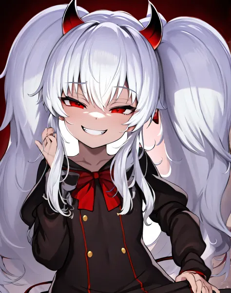 1girl,solo,Grimm aloe,Demon Horn, black_dress,standing,cowboy shot with reflective harness, Demon Wings, Albino,Evil Smile, naughty face, puts your hands on your lower back, young lady pose, Cruel smile,face hidden deep in the shadows(Eyes in Shadow),Si...