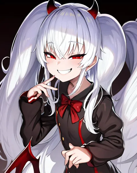 1girl,solo,Grimm aloe,Demon Horn, black_dress,standing,cowboy shot with reflective harness, Demon Wings, Albino,Evil Smile, naughty face, puts your hands on your lower back, young lady pose, Cruel smile,face hidden deep in the shadows(Eyes in Shadow),Si...