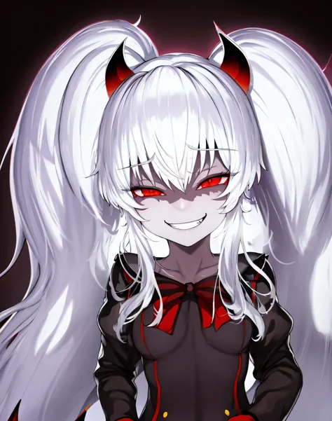 1girl,solo,Grimm aloe,Demon Horn, black_dress,standing,, Demon Wings, Albino,、Faces Hidden in Shadows(Eyes in Shadow),Single Blade,,One Blade,,Dark Ambient Background,,blackいセーラー服,,shiny skin,messugaki,(evil smile:1.5)