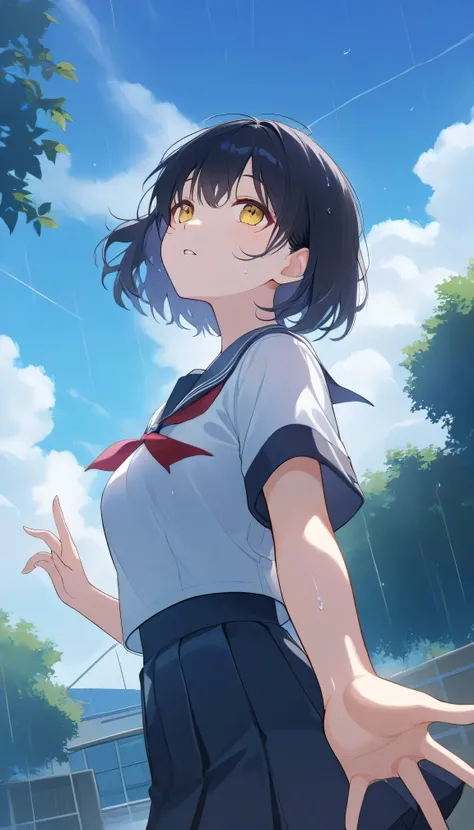 a landscape after the rain, outdoor, outside,look up at a clear sky,create a bright image that makes you feel a new beginning, black short hair, yellow eyes, summer, korean highschool uniform, One hand stretched out to the sky