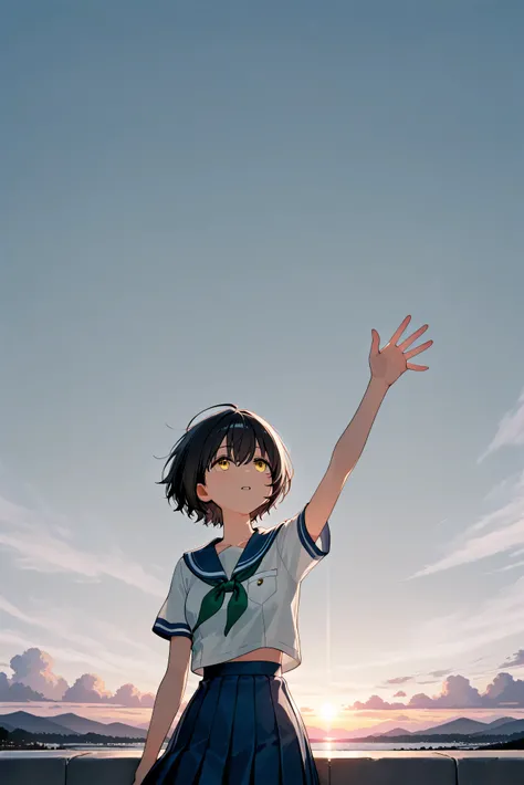 a landscape after the rain, outdoor, outside,look up at a clear sky,create a bright image that makes you feel a new beginning, black short hair, yellow eyes, summer, korean highschool uniform, One hand stretched out to the sky