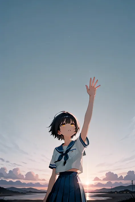 a landscape after the rain, outdoor, outside,look up at a clear sky,create a bright image that makes you feel a new beginning, black short hair, yellow eyes, summer, korean highschool uniform, One hand stretched out to the sky
