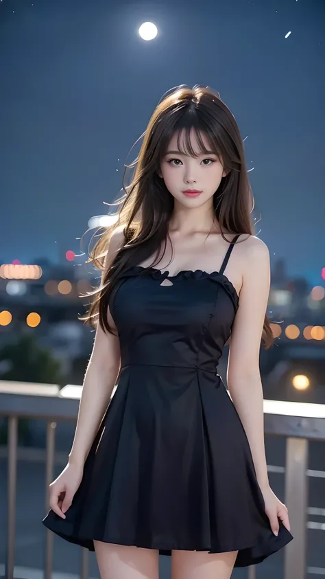 1 girl, 19 years old, ((city in Vietnam)), dark brown hair, purple eyes, hair ornament, ((cowboy photo)), ((Woman standing on rooftop at night, city lights behind, bright moon, wind blowing strongly, eyes closed, arms open like releasing her feelings into ...