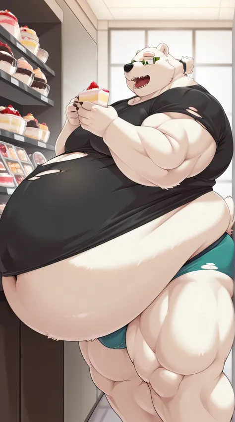 score_9, score_8_up, score_7_up,masterpiece,((no text)),best quality, amazing quality, 1boy, solo, leib,green glasses, polar bear muscular male,by lucusold,fat,Morbidly-Obese, obese, hyper belly:1.5, hyper Belly inflation,hyper belly overhang to knee,Torn ...