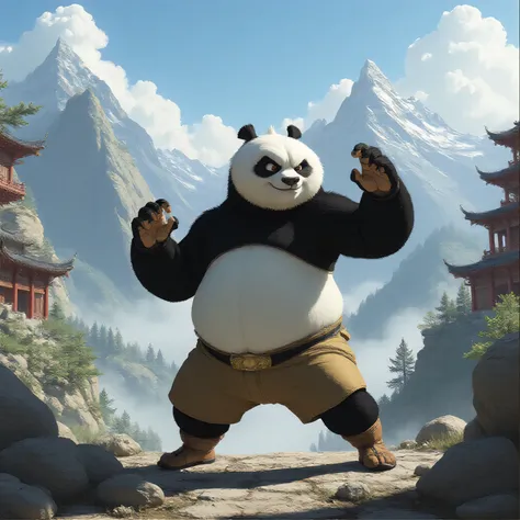 Kung Fu Panda Po, pose in a fighting stance up in the mountains in Sifu's Kung Fu temple.