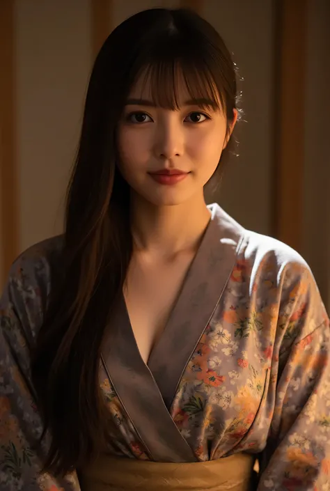 (Best Quality、 Table Top Covering Upper Arms 、8k、Best Quality、winning work)、( cute beautiful landlady :1.1)、(V-neck kimono with a wide chest:1.4)、(big cleavage:1.3)、(V-neck kimono reveals cleavage:1.3)、(The innkeeper:1.1)、(Elegant Japanese-style elegant ...