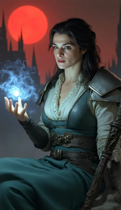 Rachel Weisz as Neve Gallus, Dragon Age, fantasy full body portrait, dark fantasy illustration, mage, sitting, looking at viewer, in profile, holding a glowing magical staff surrounded by swirling mist, wears layered armor, metallic shoulder plates, high c...