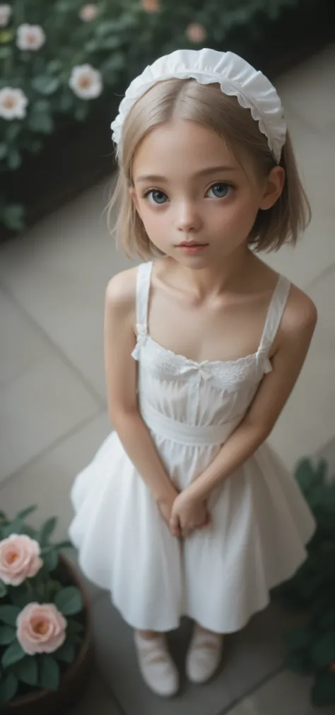 1 Girl、maids,Look at the audience,(skinny:1.46),(younger:1.32),from above,lean forward,(big boobs:-0.19),is watering flowers outside the mansion,japanese,(Smile Yang:0.24),My left hand is touching my crotch