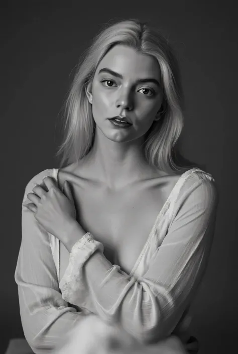 Portrait inspired by Peter Lindbergh's photographic style. Portrait in monochrome captures a girl in a contemplative pose. She has dark brown eyes and a sensual expression. Her long white hair is styled messily yet elegantly. She wears an open soft, billow...
