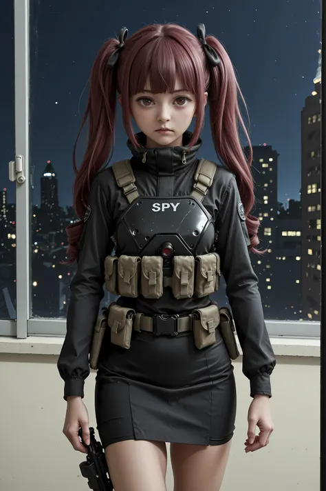 Highest Quality、masterpiece、high definition、Hanazono Yurine、twintails, mission：An Impossible-style spy action scene。She is wearing a form-fitting black tactical suit, black tactical skirt, pencil skirt, thighs. A gadget belt around her waist、A holster on h...