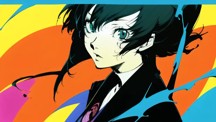 Based on highly saturated light blue and black. A high school girl with black hair wearing a blazer uniform. Anime style. The background is based on highly saturated light blue. One person. Carefully drawn face. High resolution.