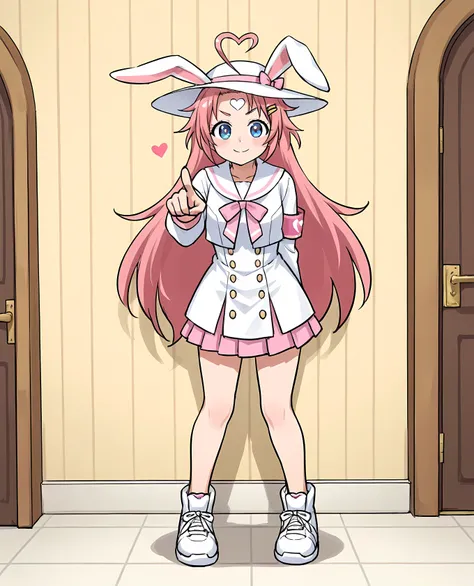 ((front angle, full body, white beach hat with rabbit ears and face:1.12, ultra-detailed image, pointing towards the observer)), ((long blouse, standing facing a wall of the house, messy bangs, pink fabric armband, woman who is one meter and seventy centim...
