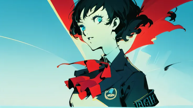 Based on highly saturated bright blue and black. Long black hair. A high school girl wearing a blazer uniform. The uniform features a distinctive red ribbon. The background is only blue and light blue. Alone. Carefully drawn face. Close-up of upper body. H...