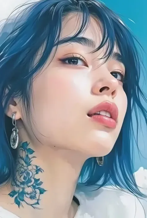 gothic punk、Highest Quality、Rebel、Japanese edits Vivien Tam photos [Woman] 、WITH VERY EYES of navy color with blue hair ,  yellow and purple and blue tattoos 、[yellow and purple and blue] , Expressive Texture, photorealistic techniques,  vibrant and colorf...