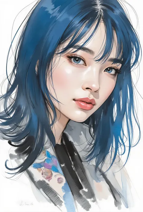 gothic punk、Highest Quality、Rebel、Japanese edits Vivien Tam photos [Woman] 、WITH VERY EYES of navy color with blue hair ,  yellow and purple and blue tattoos 、[yellow and purple and blue] , Expressive Texture, photorealistic techniques,  vibrant and colorf...