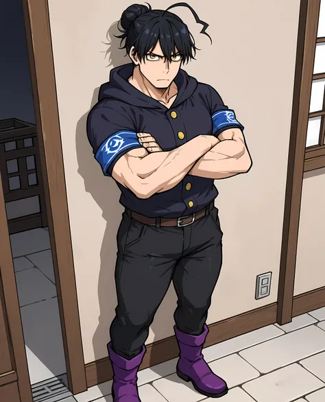 ((high side angle, full body, ultra-detailed image)), ((black shirt with gold buttons, short social hairstyle, well-defined body, melancholy look, strong body, gloomy look, bangs combed to the side, high bun hair on top of the head, dark blue hood, standin...