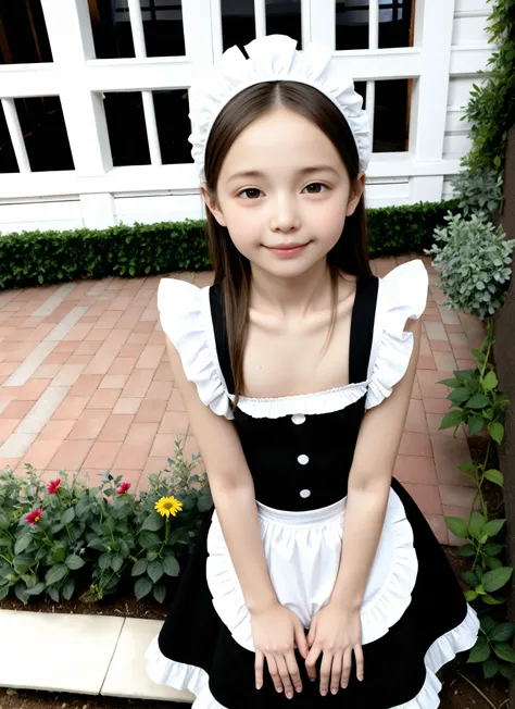(1 cute girl)、maids,Look at the audience,(skinny:0.79),(younger:0.82),from above,(medium bust:0.60),in black lace stockings,lean forward,japanese,(Smile Yang:0.47),My left hand is touching my crotch