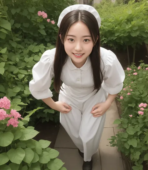 (1 cute girl)、maids,Look at the audience,(skinny:0.96),(younger:0.97),from above,in black lace stockings,lean forward,(big boobs:0.24),japanese,(Smile Yang:0.49),My left hand is touching my crotch