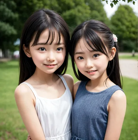 8 years old,2 cute girls,((Highest Quality)),was photographed in the park,((Photo Quality)),(Slim:1.5),(detail),Tiny Chest,narrow shoulder width,perfect face,Tank Dress ,ruffle dress,(skinny:1.3),(smile:0.5)