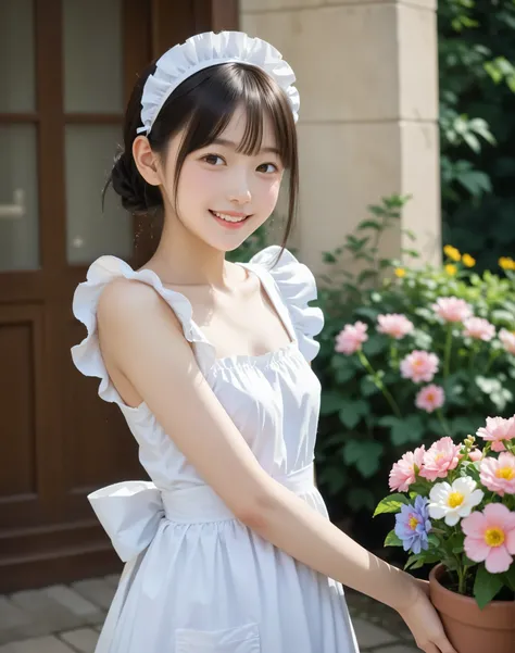 (1人のかわいいyounger日本人の女の子), maids, is watering flowers outside the mansion, My left hand is touching my crotch, watch the viewers,(smile:0.58), (younger:0.95),(skinny:0.83),(big boobs:0.78),The girl looks at me and smiles faintly,From the side