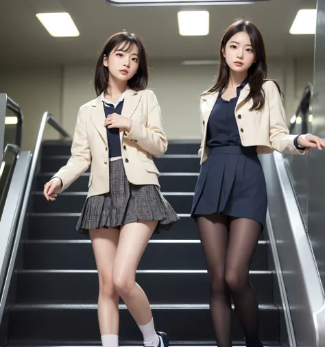 ( flat chest:1.4),( slim figure visible to the navel),6 heads,A,Adolescent girl,anatomically perfect,(Apple cheeks),(Caucasian eyes),(elementary school student is riding an escalator on the way to school)、 glare、(collared jacket, Navy Blue, linen),Increase...