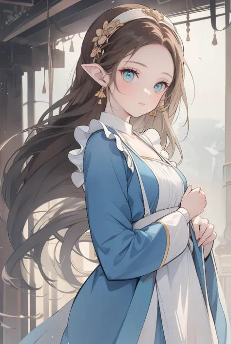a young princess, innocent, brown hair, long and luscious, exposed forehead, elf ears, heavenly eyes, long hair, light blue dress with ruffles, Victorian apron for women, a delicate headband on the head, solemn and pure presence