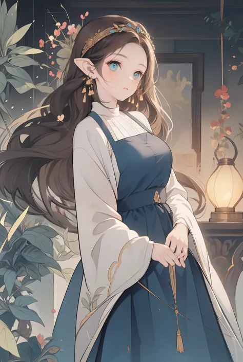 a young princess, innocent, brown hair, long and luscious, exposed forehead, elf ears, heavenly eyes, long hair, light blue dress with ruffles, Victorian apron for women, a delicate headband on the head, solemn and pure presence