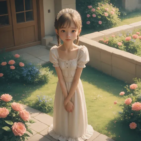 1 Girl、maids,Look at the audience,(skinny:1.35),(younger:0.05),from above,lean forward,is watering flowers outside the mansion,japanese,(Smile Yang:0.24),My left hand is touching my crotch