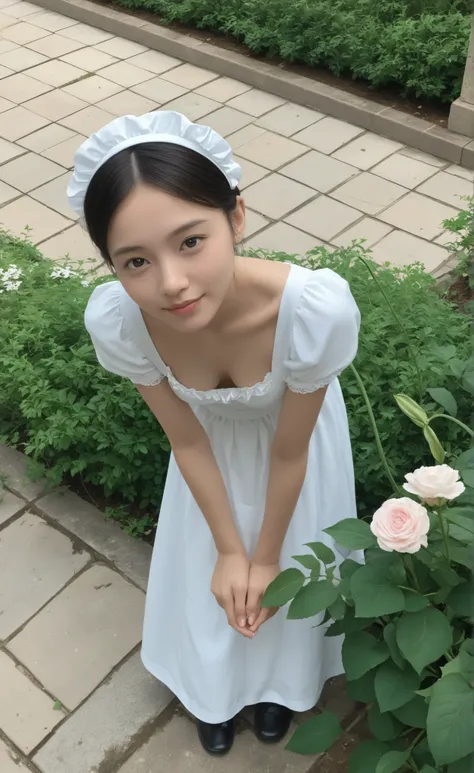 1 Girl、maids,Look at the audience,(skinny:1.04),(younger:0.63),from above,lean forward,(big boobs:0.49),is watering flowers outside the mansion,japanese,(Smile Yang:0.31),My left hand is touching my crotch