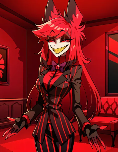 AlastoriaSDXL, 1 girl, ((long hair)), skirt, bowtie, gloves, animal ears, red sclera, red hair, striped, black pupils, red eyes, formal, ((black lips)), sharp teeth, yellow teeth, ((large breasts)), ((slim body)), half-closed eyes, smile, looking at the vi...