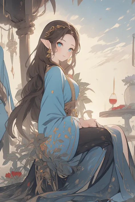 a young princess, innocent, rounded cheeks, brown hair, long and luscious, exposed forehead, elf ears, heavenly eyes, long hair, elegant sky senate dress, Frilly, a delicate headband on the head, solemn and pure presence, Sitting in a medieval senate, King...