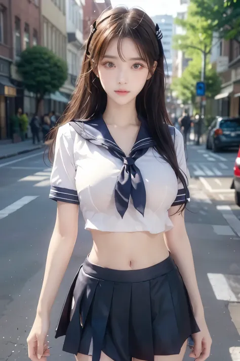 ( Super High Definition), (I'm looking over here), (school uniform:1.2, sailor suit, flared skirt), (Big Breasts:1.2), (Slimness:1.8), ( Read more:1.4), (thin thighs:1.4), ( thin hips:1.6), ( beautiful skin, shiny skin, white skin), (Super slim face, Sup...