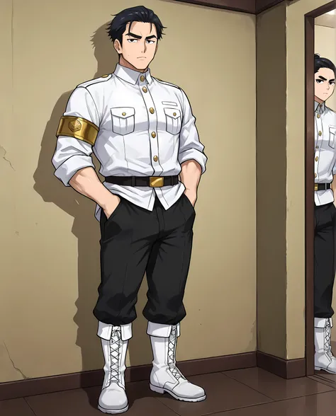 ((high side angle, full body, ultra-detailed image)), ((gold buttons, Straight hair styled with gel, without any messy strands of hair., thick eyebrows, square chin, mafia-like gaze, short styled hair, formal hairstyle, well-defined body, strong body, indi...