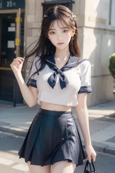 ( Super High Definition), (I'm looking over here), (school uniform:1.2, sailor suit, flared skirt), (Big Breasts:1.2), (Slimness:1.8), ( Read more:1.4), (thin thighs:1.4), ( thin hips:1.6), ( beautiful skin, shiny skin, white skin), (Super slim face, Sup...
