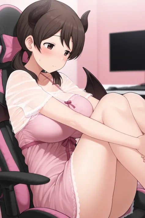 masterpiece, top quality,solo,girlnao,brown eyes,brown hair,low twintails,live streamer,big breasts, Goat Horns,Devil's Wings,girly room,gaming chair,PC,Blush,hugging own legs,upper gaze,pink nightgown that gently touches the chest,see-through