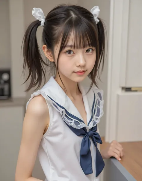 (luxury),((Photo Quality)),(thin body),Thin Arms,twin tails,white shoulders,((Highest Image Quality)),(elementary school student),girls,(perfect face),tank top
