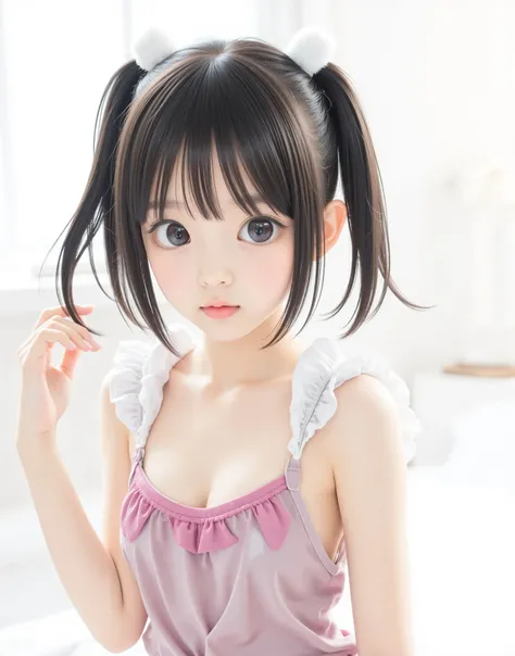 (luxury),((Photo Quality)),(thin body),Thin Arms,twin tails,white shoulders,((Highest Image Quality)),(elementary school student),girls,(perfect face),tank top