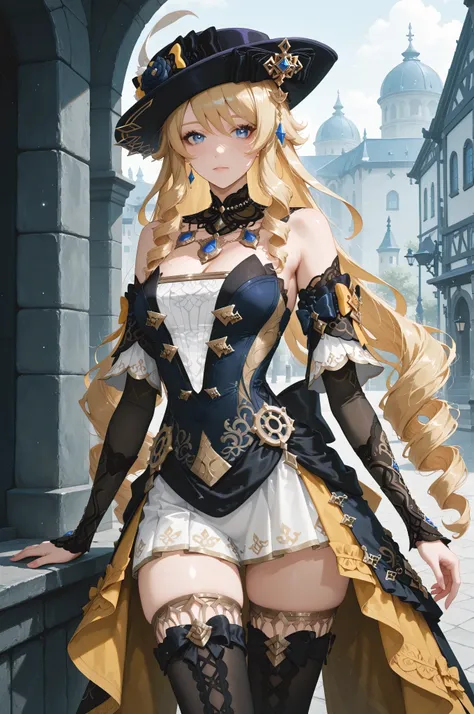 extreme detailed 1girl, masterpiece, ultra-detailed, an extremely delicate and beautiful, solo, navia /(genshin impact/), blue eyes, messy hair, dress, detached sleeves, jewelry, black thighhighs, hat, stay, outdoor, <lora:Navia_XL_LoRA:1>, <lora:Desolati...