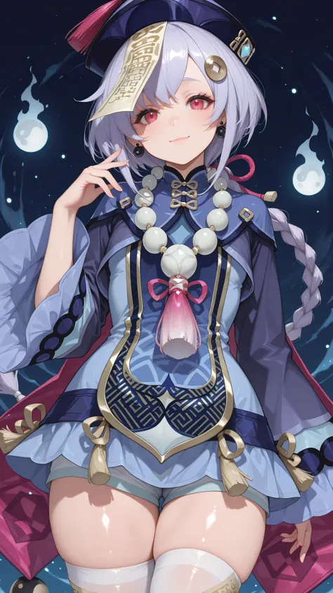 masterpiece, best quality, solo, curvy, beautiful eyes,zzQiqi, braid, long hair, red eyes, hair ornament, earrings, ofuda, qingdai guanmao, jiangshi, long sleeves, bead necklace, wide sleeves, white thighhighs, dress, upper body, smile, looking at viewe...