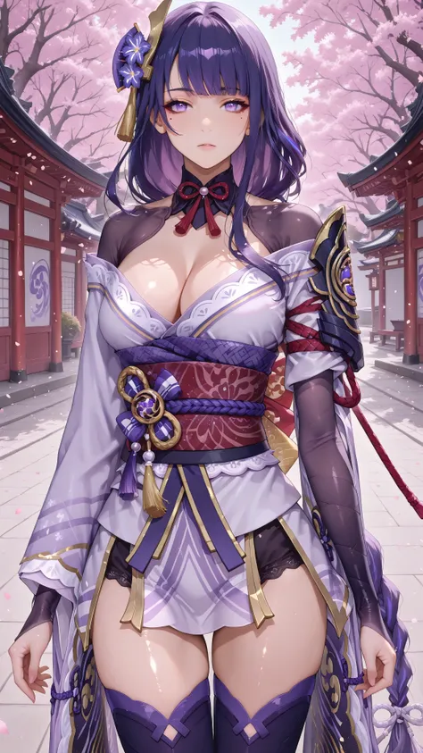 score_9, score_8_up, score_7_up, source_anime, 1girl, solo, outdoors, street, cherry blossoms, cowboy shot, standing, looking at viewer, shiny skin, close-up, raiden_shogun, purple eyes, purple hair, very long hair, mole, mole under eye, hair ornament, bra...