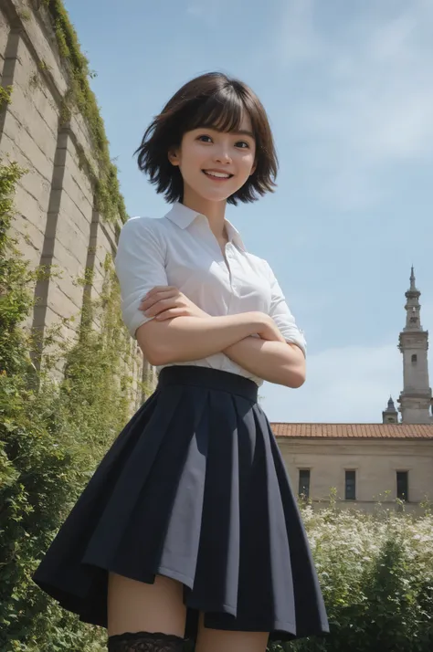 (1 cute girl),(big boobs:0.20),Look at the audience,(skinny:1.14),(smile:1.16),(younger:1.31),maids,from below,in black lace stockings,(The wind is rolling up the girl's skirt:1.5),black lace stockings