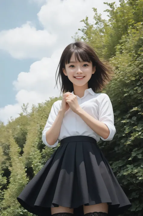 (1 cute girl),(big boobs:0.20),Look at the audience,(skinny:1.14),(smile:1.16),(younger:1.31),maids,from below,in black lace stockings,(The wind is rolling up the girl's skirt:1.5),black lace stockings