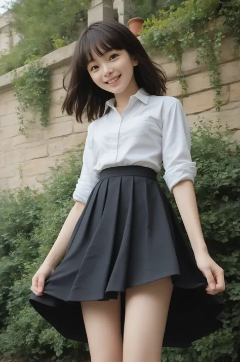 (1 cute girl),(big boobs:0.20),Look at the audience,(skinny:1.14),(smile:1.16),(younger:1.31),maids,from below,in black lace stockings,(The wind is rolling up the girl's skirt:1.5),black lace stockings