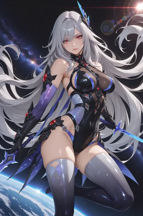 (explict), 1girl, hair ornament, solo, skirk_black, long hair, gloves, gradient legwear, grey hair, very long hair, hair ornament, looking at viewer, facing front, red eyes, upper knee only, breasts, detached sleeves, no emotions, lens flare, space, holdin...